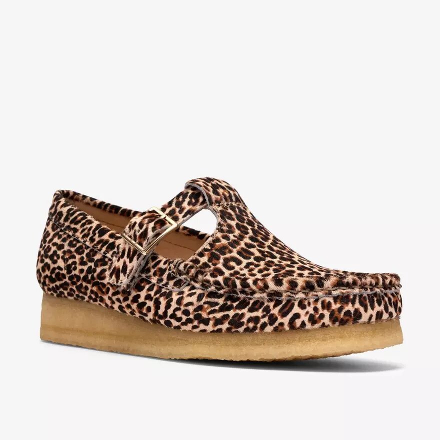 Wallabee T-bar-skor med leopardmönster för dam Wallabee T-bar-skor med leopardmönster för dam